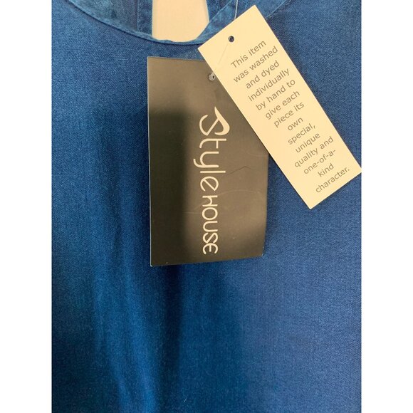 STYLE HOUSE Dark-Wash Chambray High-Neck Tiered Ruffle Sleeve Blouse NWT Large - Picture 4 of 8